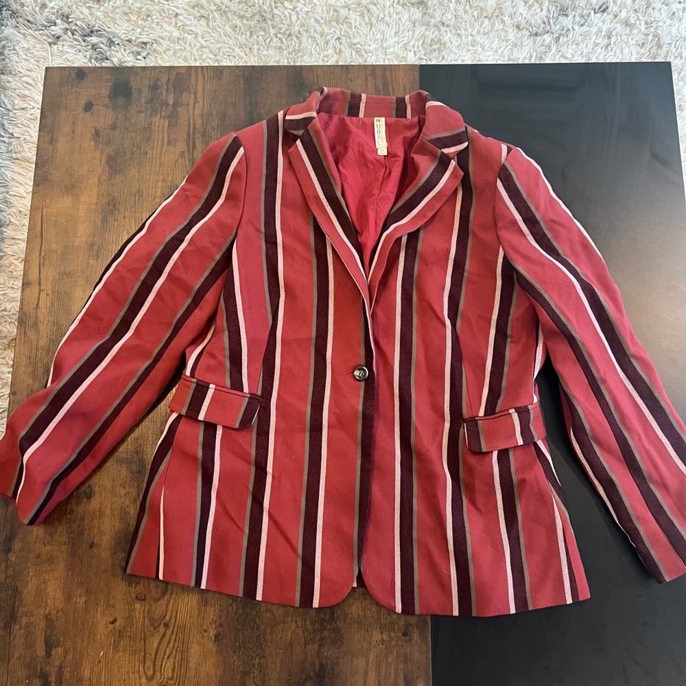 Mural Womens XXL Striped Single Button Blazer Burgundy Red Cream Notched Lapel